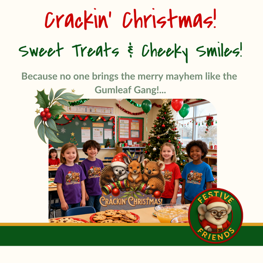 Crackin’ Christmas – Kids T-Shirt | Aussie Wildlife Koala, Kangaroo and Echidna | Gumleaf Gang Festive Friends