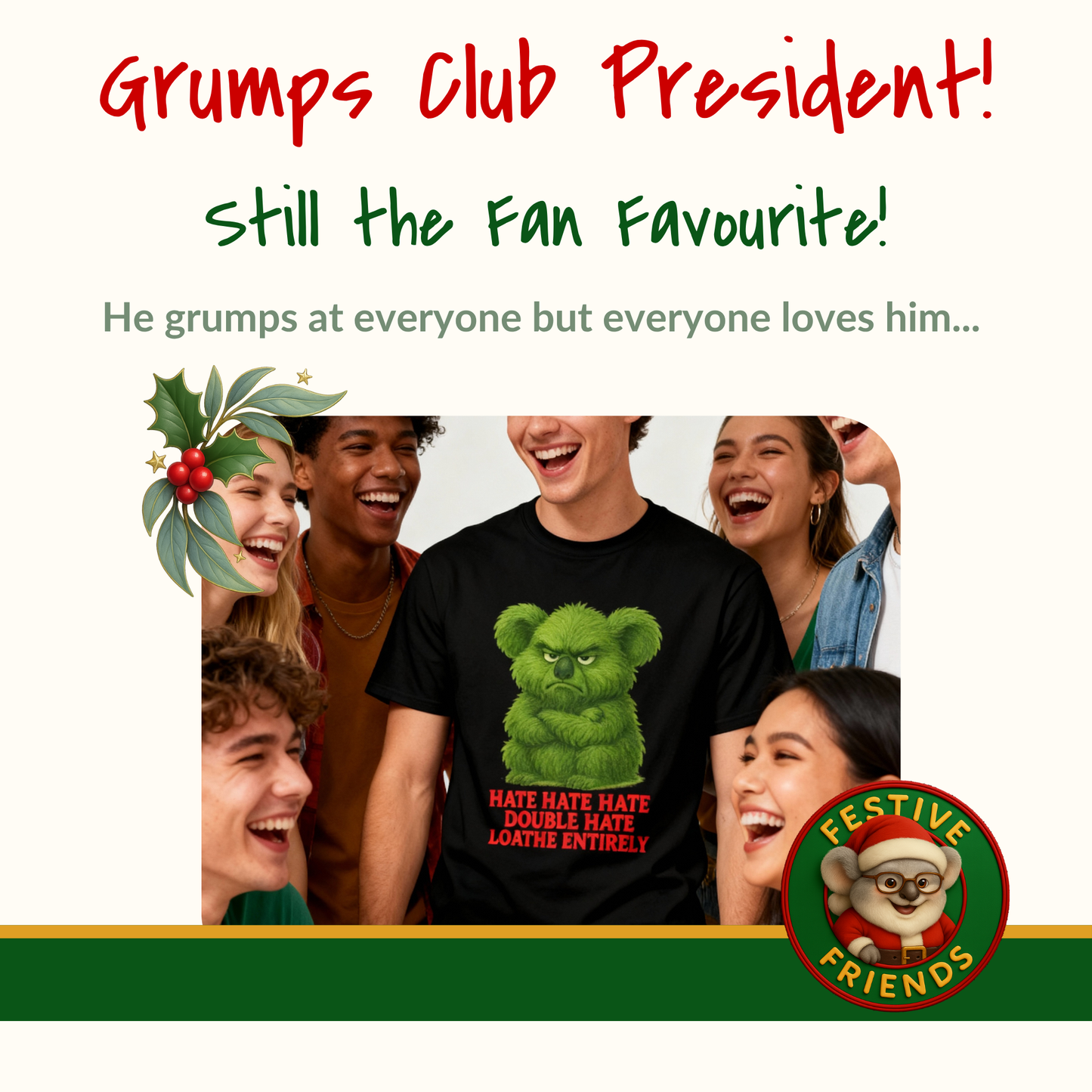 Grumpy Green Koala Christmas – Adult T-Shirt | Native Wildlife Design | Gumleaf Gang Festive Friends