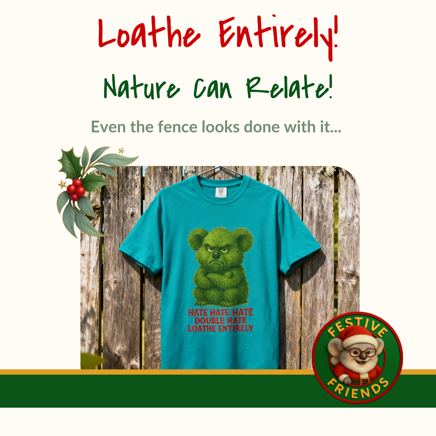 Grumpy Green Koala Christmas – Adult T-Shirt | Native Wildlife Design | Gumleaf Gang Festive Friends
