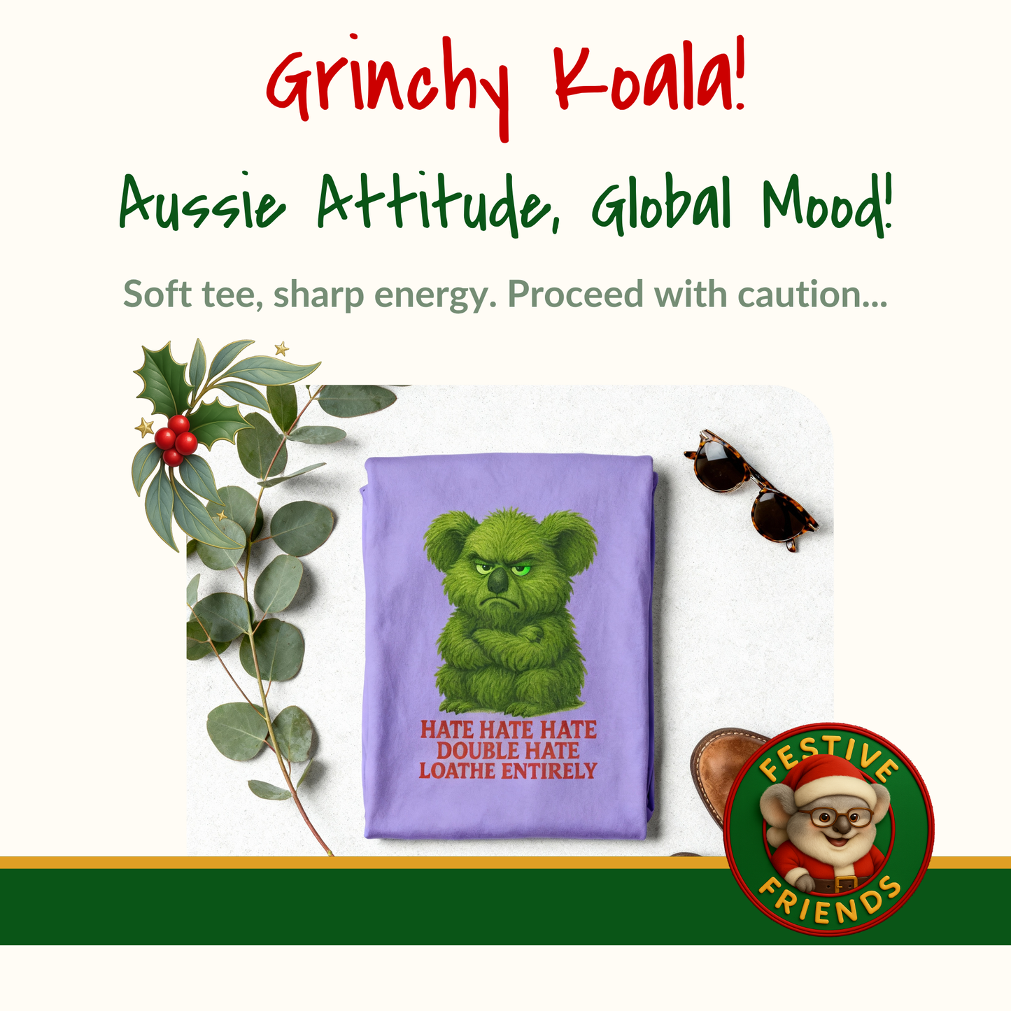 Grumpy Green Koala Christmas – Adult T-Shirt | Native Wildlife Design | Gumleaf Gang Festive Friends