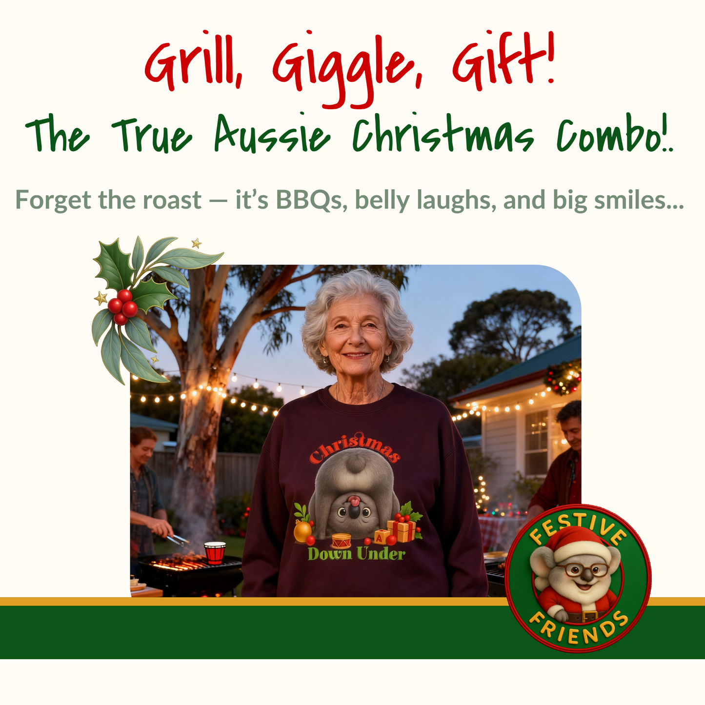Christmas Down Under – Adult Sweatshirt | Upside Down Koala Christmas Design | Gumleaf Gang Festive Friends
