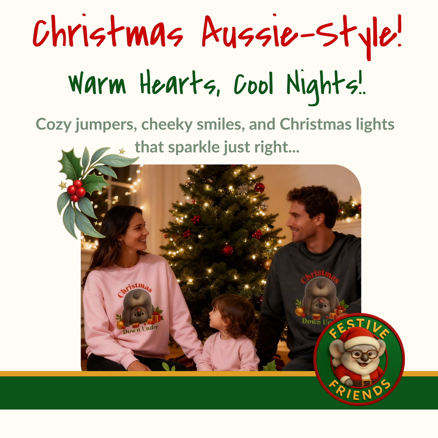 Christmas Down Under – Adult Sweatshirt | Upside Down Koala Christmas Design | Gumleaf Gang Festive Friends