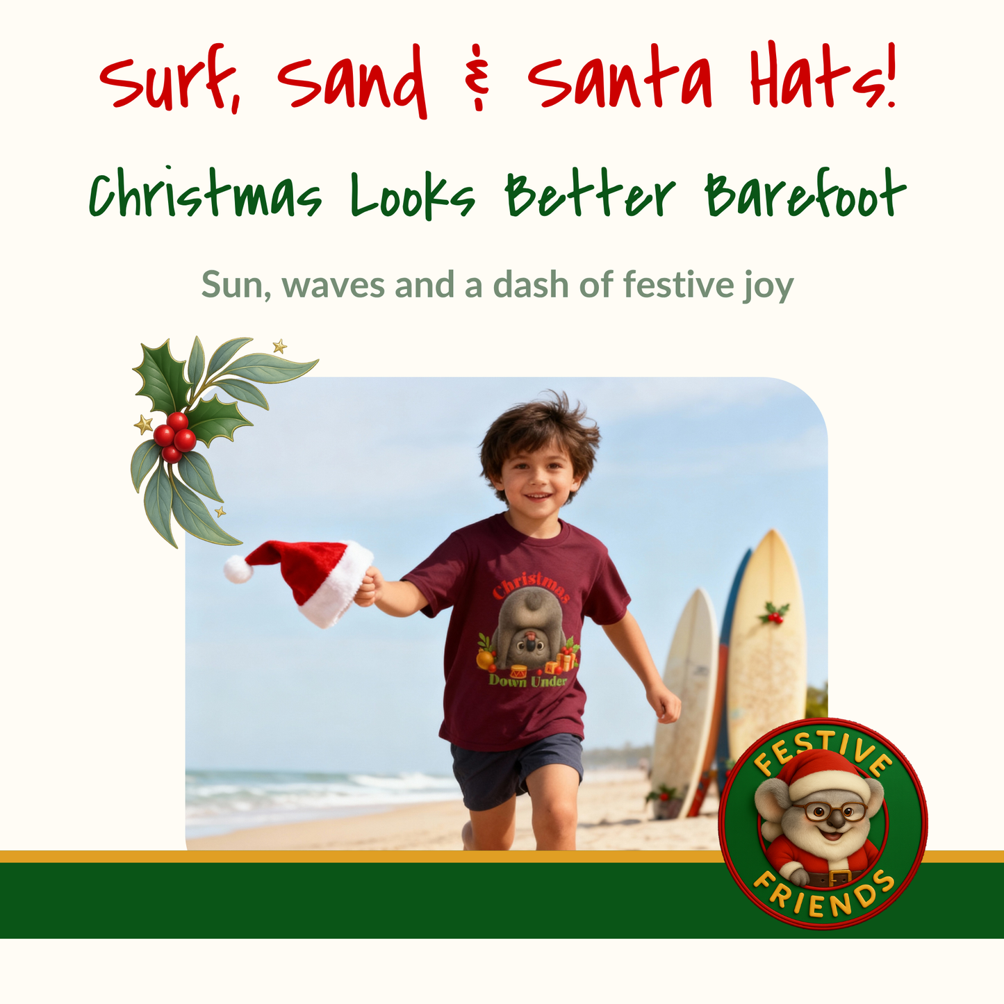 Christmas Down Under – Kids T-Shirt | Upside Down Koala Christmas Design | Gumleaf Gang Festive Friends