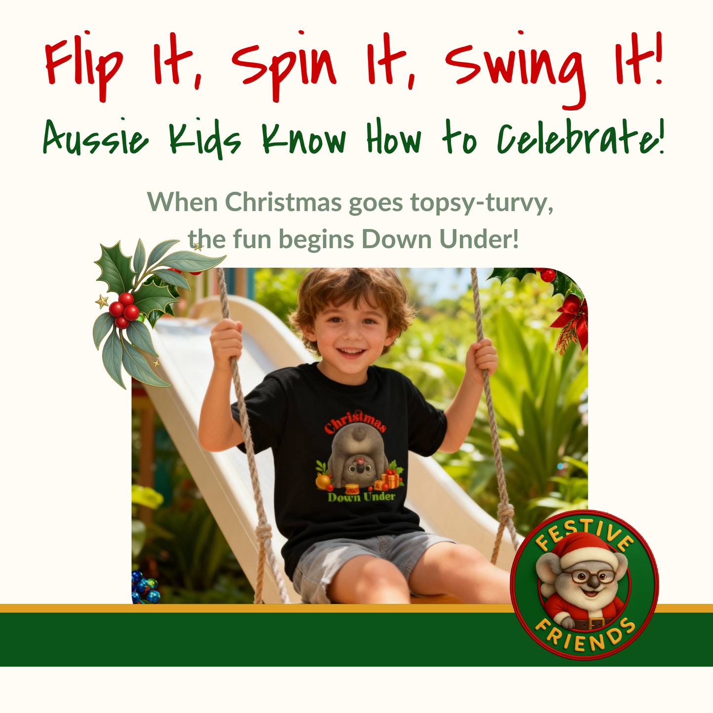 Christmas Down Under – Kids T-Shirt | Upside Down Koala Christmas Design | Gumleaf Gang Festive Friends