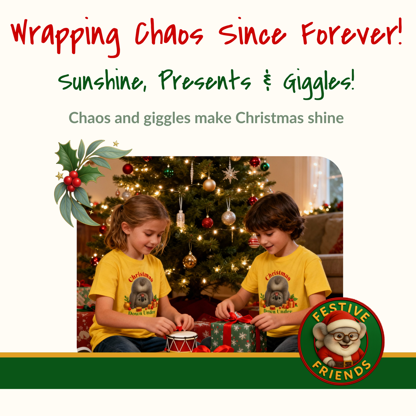 Christmas Down Under – Kids T-Shirt | Upside Down Koala Christmas Design | Gumleaf Gang Festive Friends