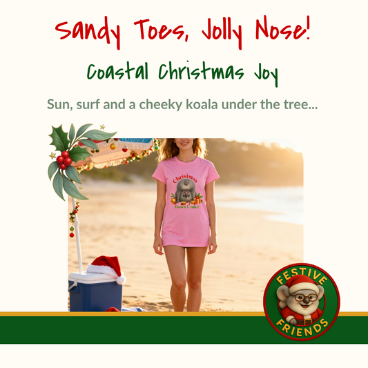 Christmas Down Under – Adult T-Shirt | Upside Down Koala Christmas Design | Gumleaf Gang Festive Friends