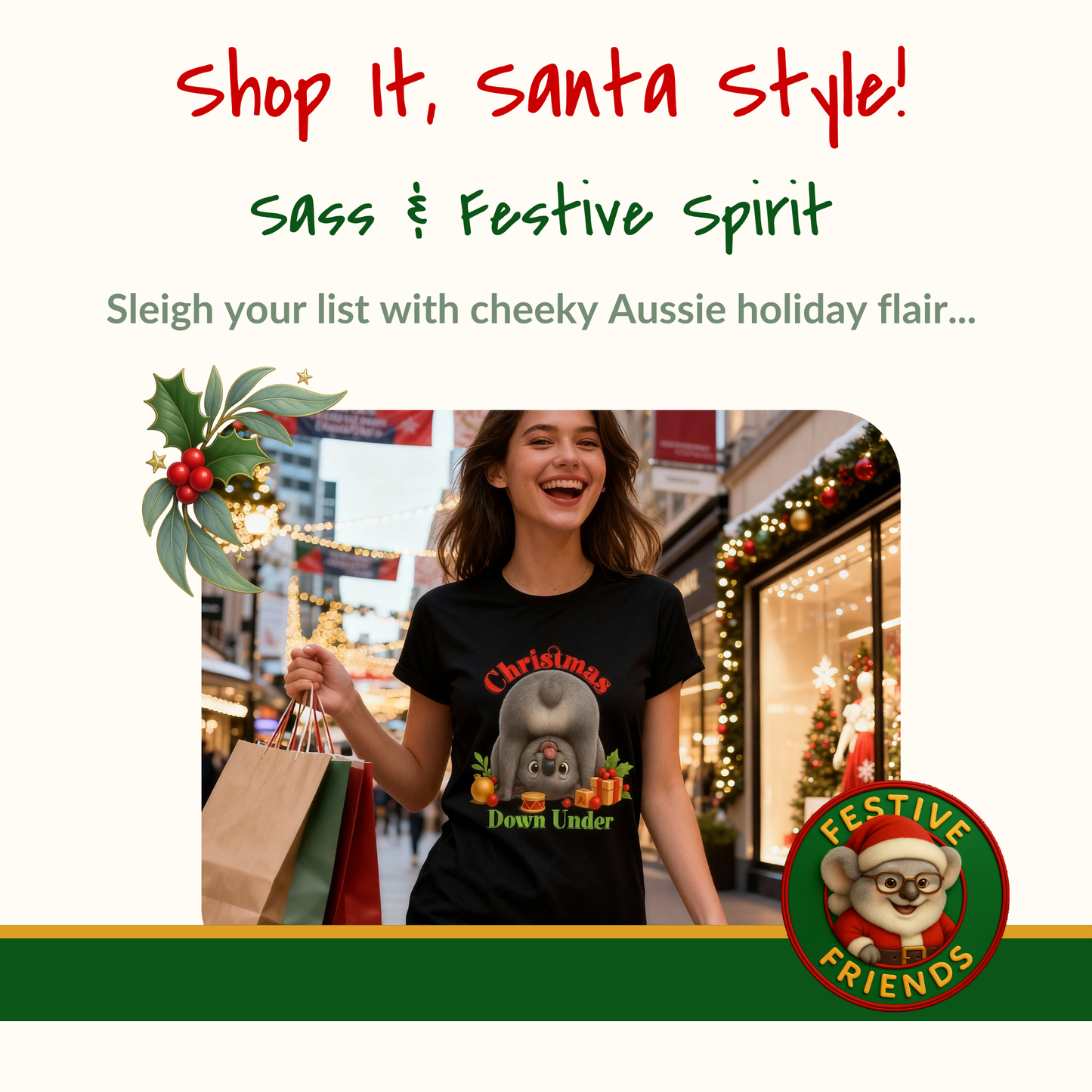 Christmas Down Under – Adult T-Shirt | Upside Down Koala Christmas Design | Gumleaf Gang Festive Friends