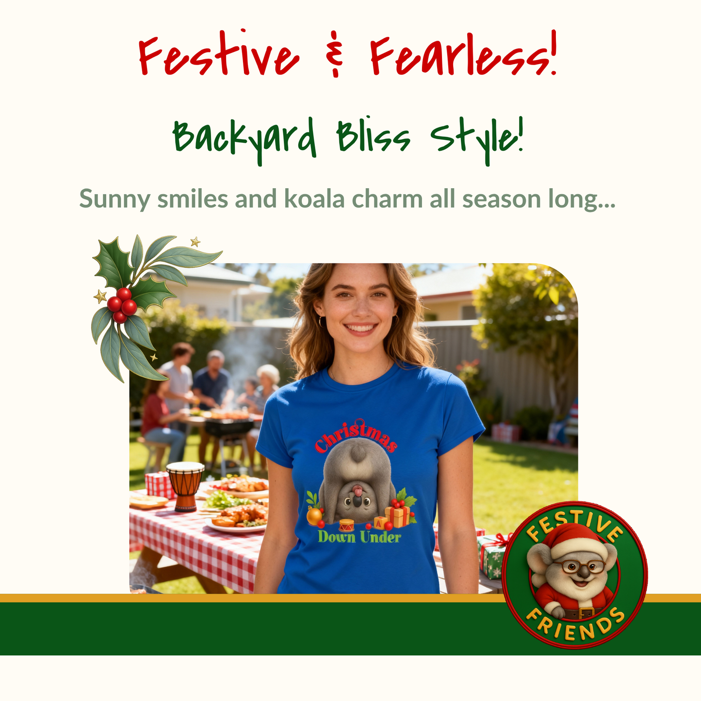 Christmas Down Under – Adult T-Shirt | Upside Down Koala Christmas Design | Gumleaf Gang Festive Friends