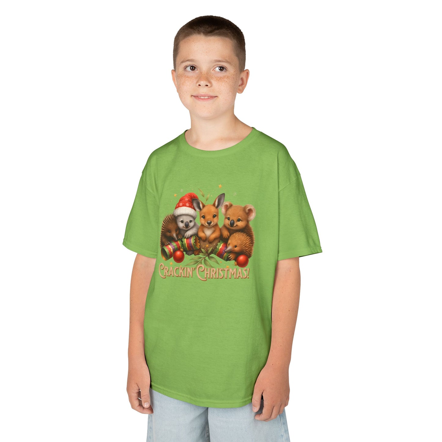 Crackin’ Christmas – Kids T-Shirt | Aussie Wildlife Koala, Kangaroo and Echidna | Gumleaf Gang Festive Friends