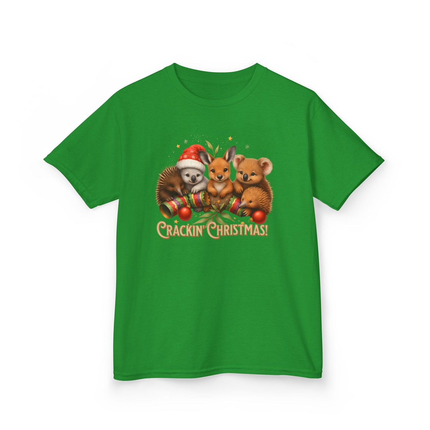 Crackin’ Christmas – Kids T-Shirt | Aussie Wildlife Koala, Kangaroo and Echidna | Gumleaf Gang Festive Friends