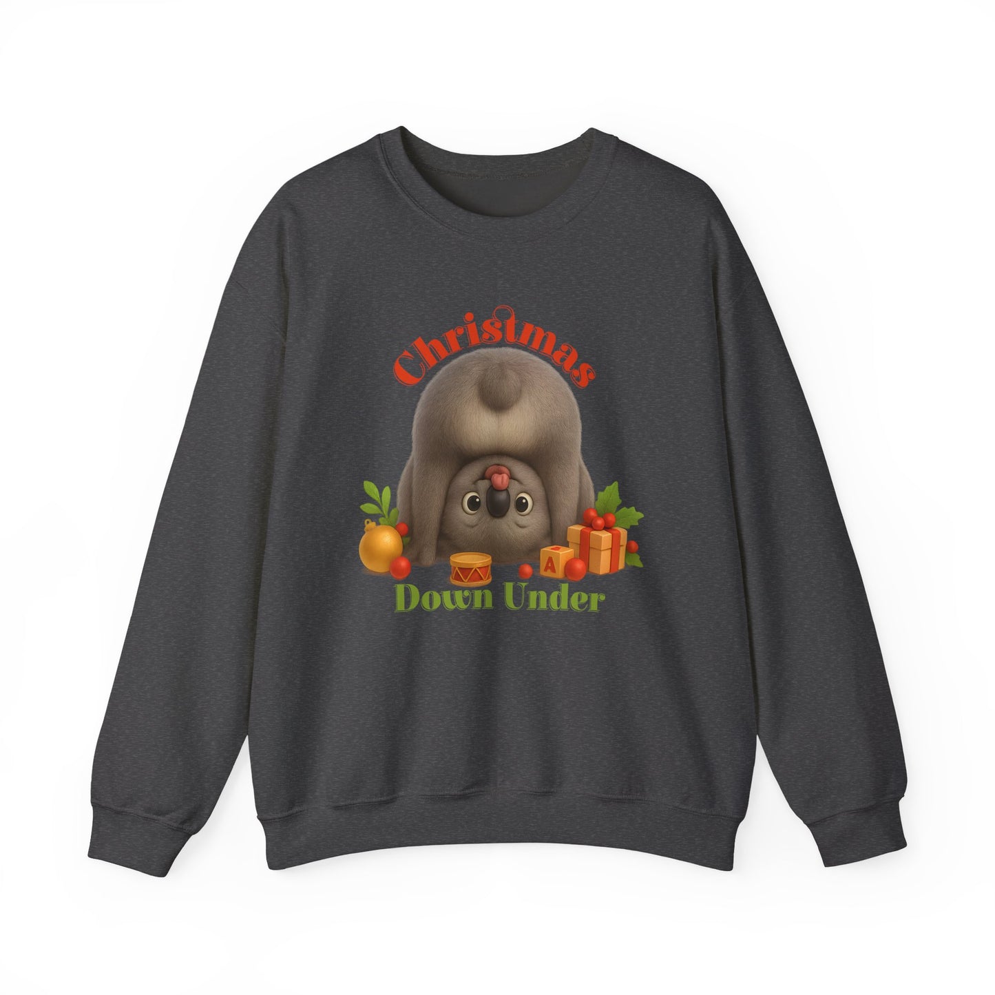 Christmas Down Under – Adult Sweatshirt | Upside Down Koala Christmas Design | Gumleaf Gang Festive Friends