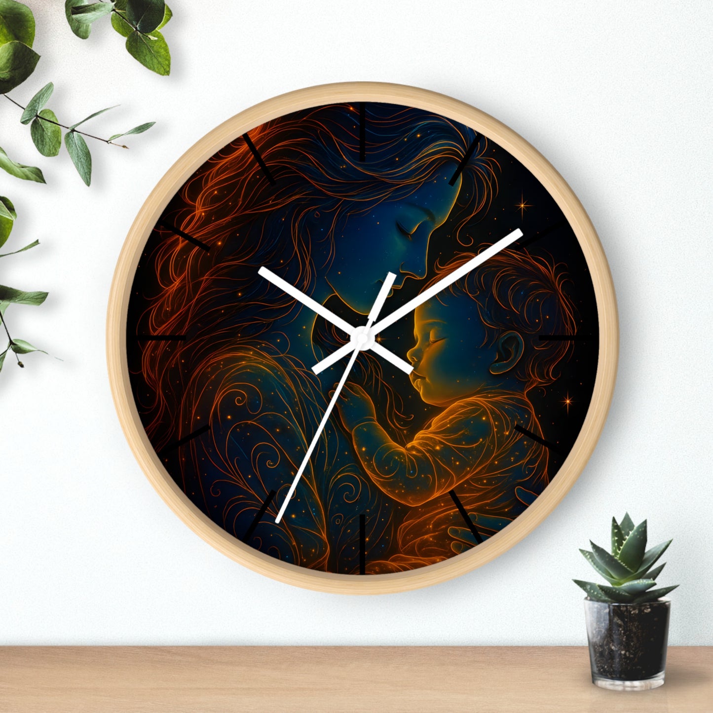 Celestial Mother and Child – Luminous Wall Clock | Cosmic Love Art | Waratah and Wood Glowing Family Decor