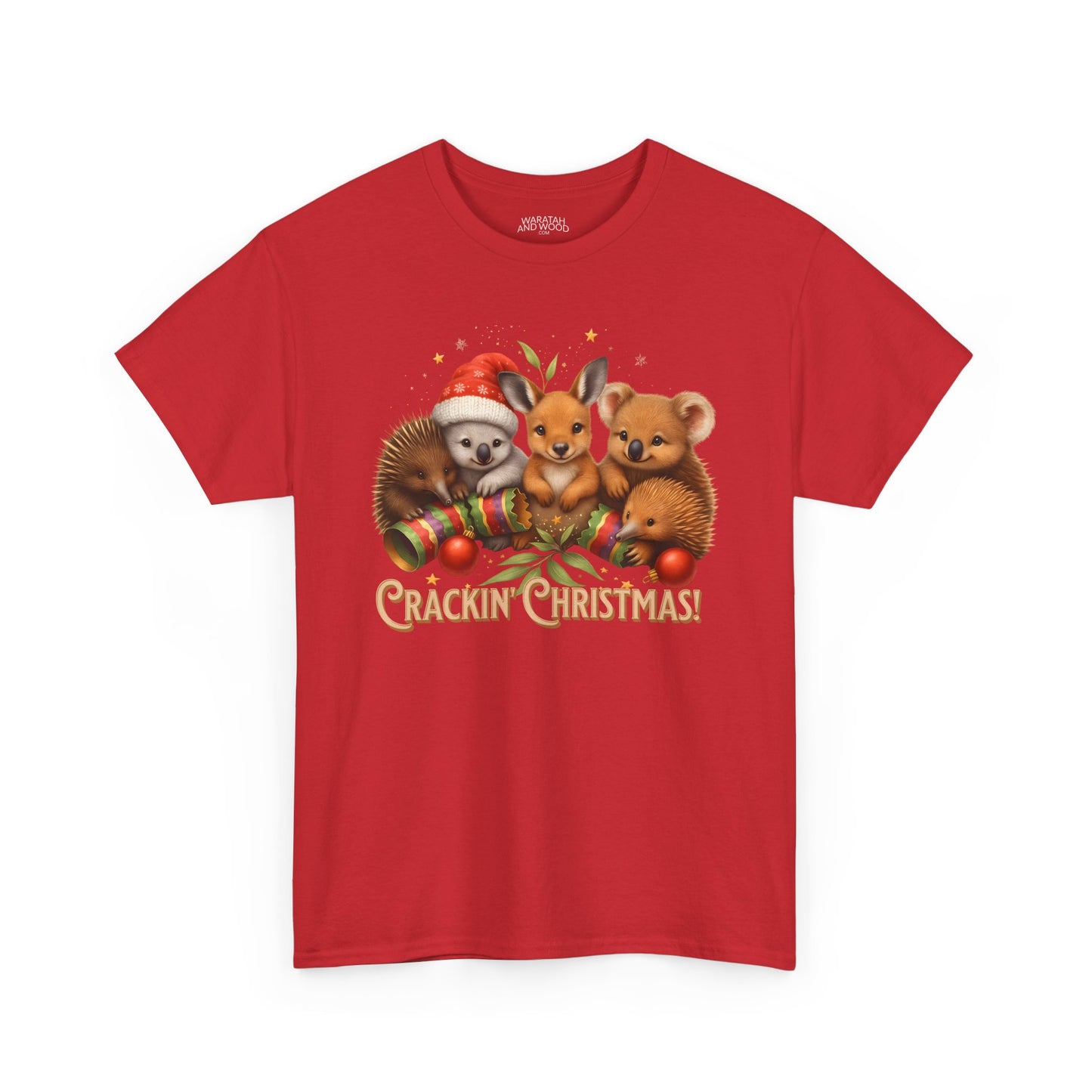 Crackin’ Christmas – Adult T-Shirt | Aussie Wildlife Koala, Kangaroo and Echidna | Gumleaf Gang Festive Friends