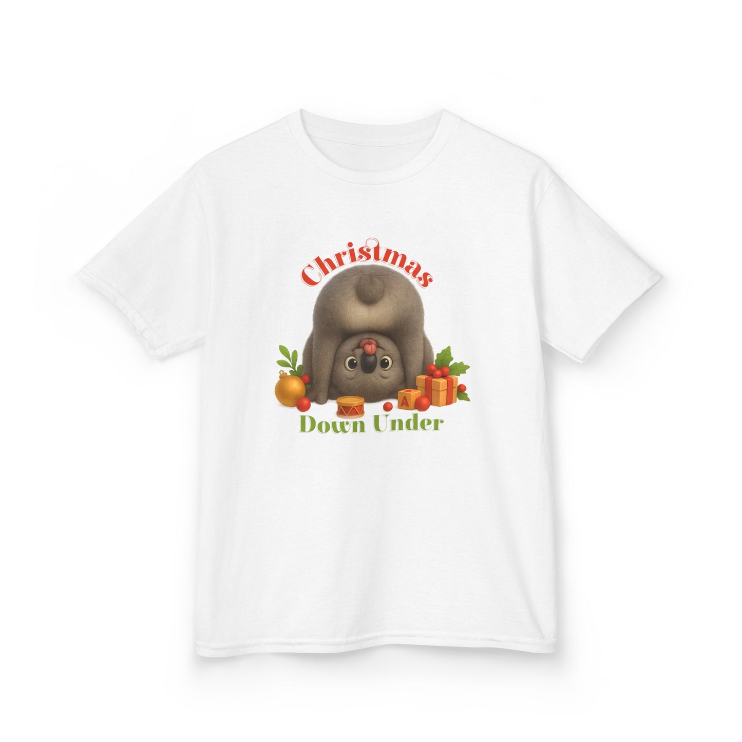 Christmas Down Under – Kids T-Shirt | Upside Down Koala Christmas Design | Gumleaf Gang Festive Friends
