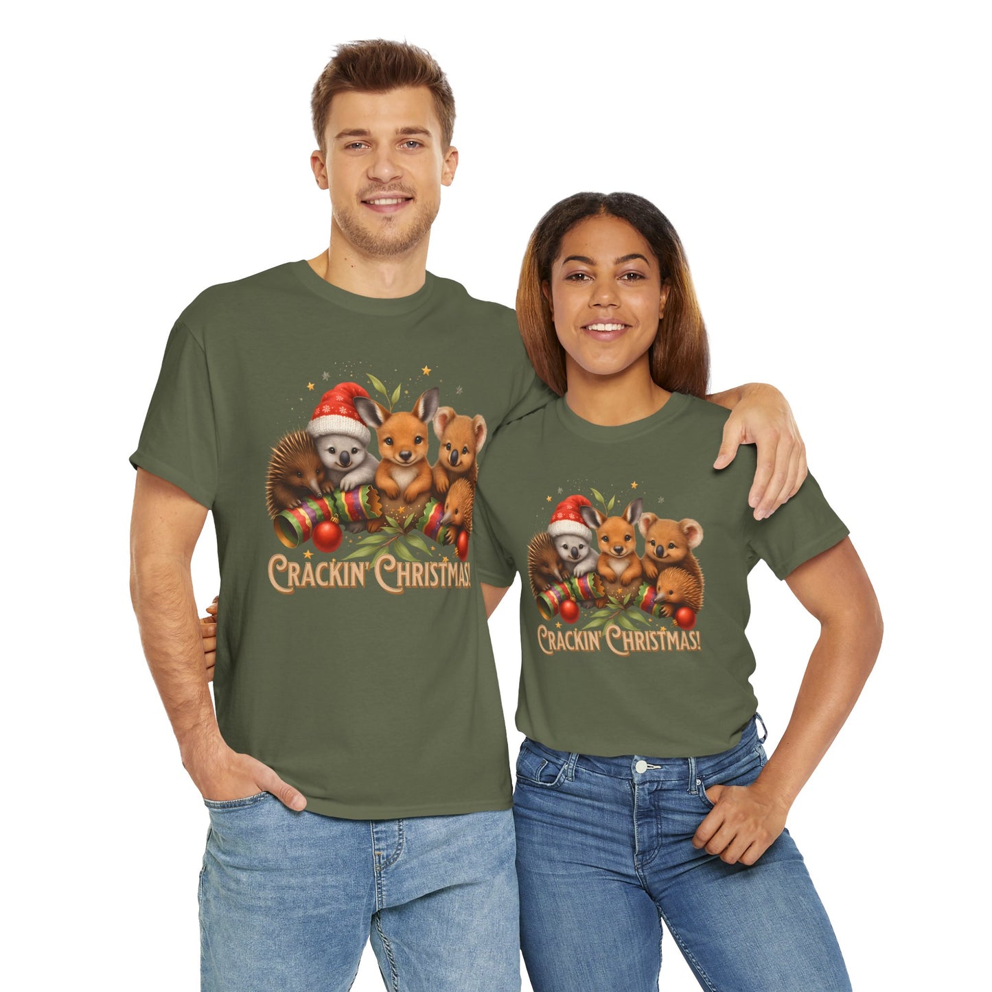 Crackin’ Christmas – Adult T-Shirt | Aussie Wildlife Koala, Kangaroo and Echidna | Gumleaf Gang Festive Friends