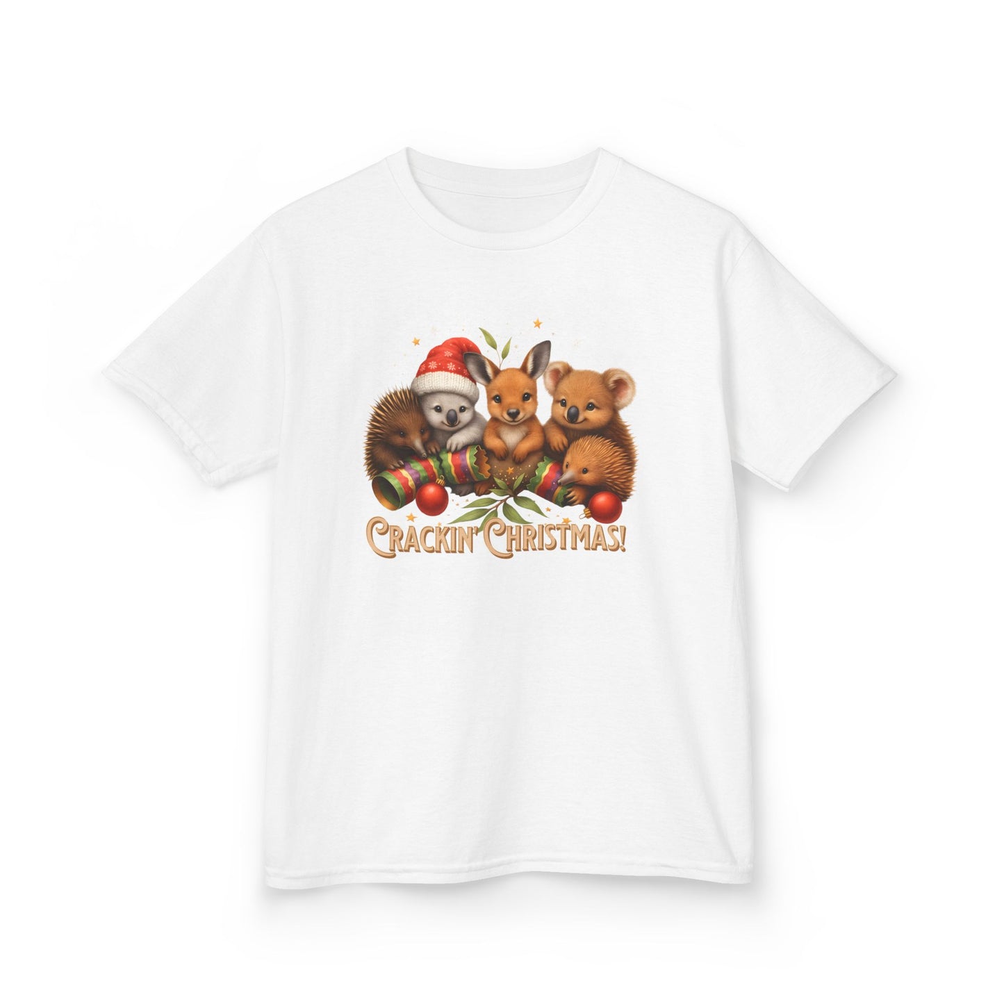 Crackin’ Christmas – Kids T-Shirt | Aussie Wildlife Koala, Kangaroo and Echidna | Gumleaf Gang Festive Friends