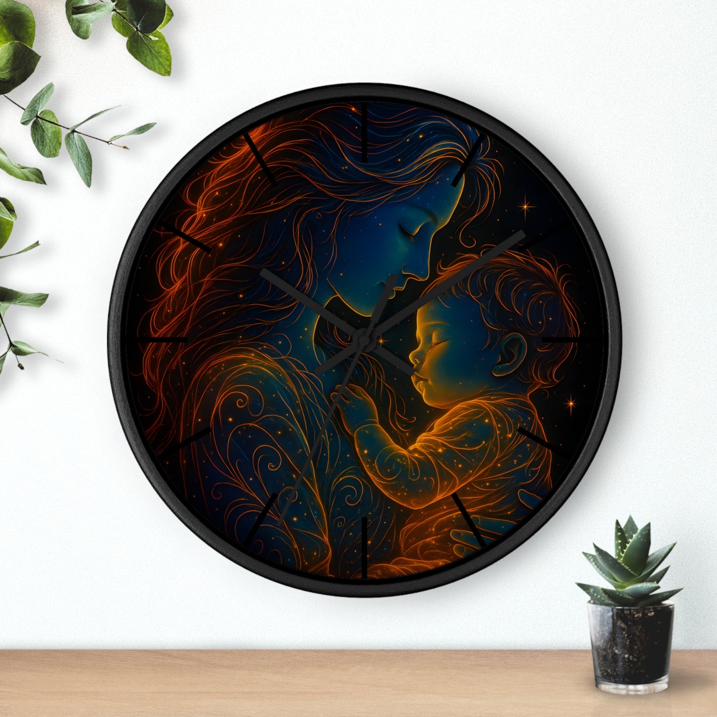 Celestial Mother and Child – Luminous Wall Clock | Cosmic Love Art | Waratah and Wood Glowing Family Decor