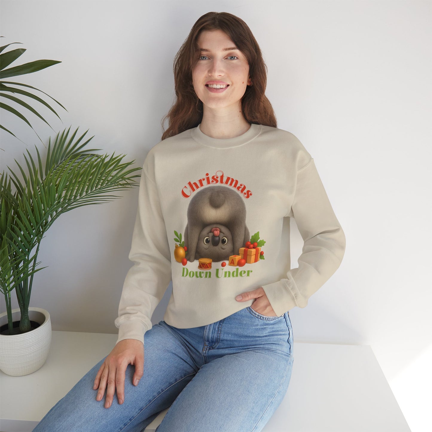 Christmas Down Under – Adult Sweatshirt | Upside Down Koala Christmas Design | Gumleaf Gang Festive Friends