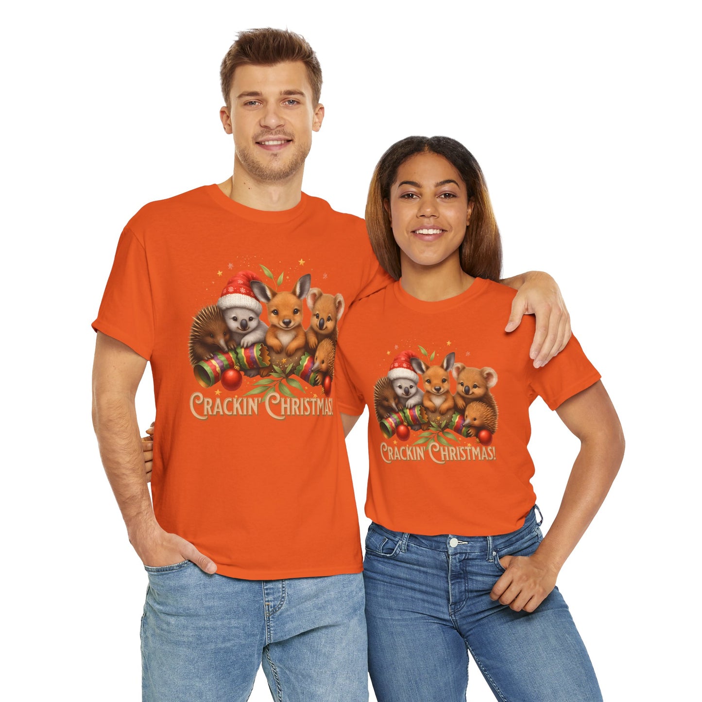 Crackin’ Christmas – Adult T-Shirt | Aussie Wildlife Koala, Kangaroo and Echidna | Gumleaf Gang Festive Friends