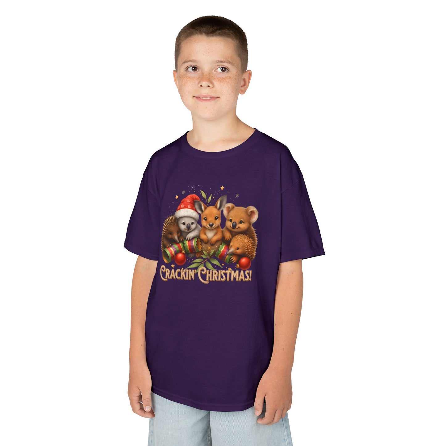 Crackin’ Christmas – Kids T-Shirt | Aussie Wildlife Koala, Kangaroo and Echidna | Gumleaf Gang Festive Friends