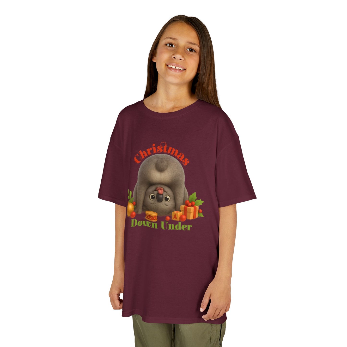 Christmas Down Under – Kids T-Shirt | Upside Down Koala Christmas Design | Gumleaf Gang Festive Friends