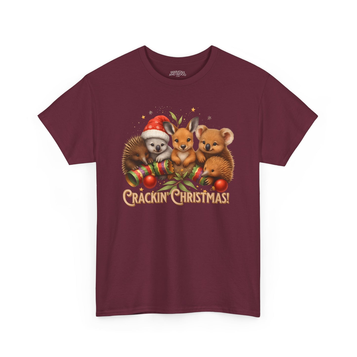 Crackin’ Christmas – Adult T-Shirt | Aussie Wildlife Koala, Kangaroo and Echidna | Gumleaf Gang Festive Friends
