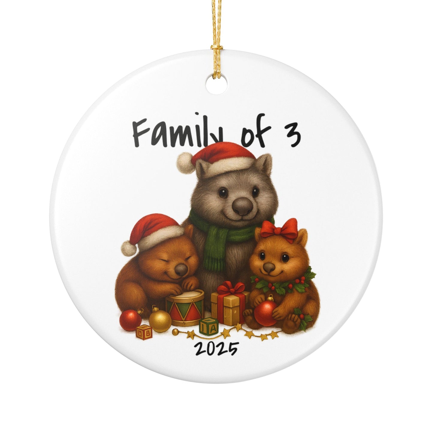 Single Parent Family of 3 Australian Animal Christmas Ornament – Wombat Design – 2025 Festive Keepsake