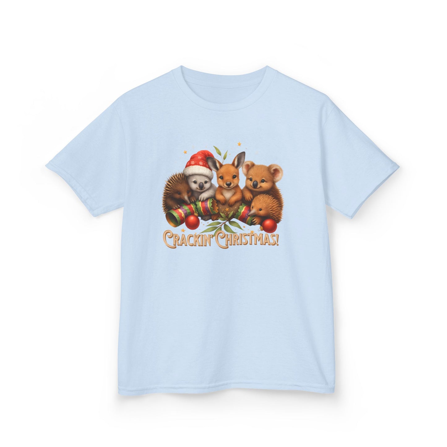 Crackin’ Christmas – Kids T-Shirt | Aussie Wildlife Koala, Kangaroo and Echidna | Gumleaf Gang Festive Friends