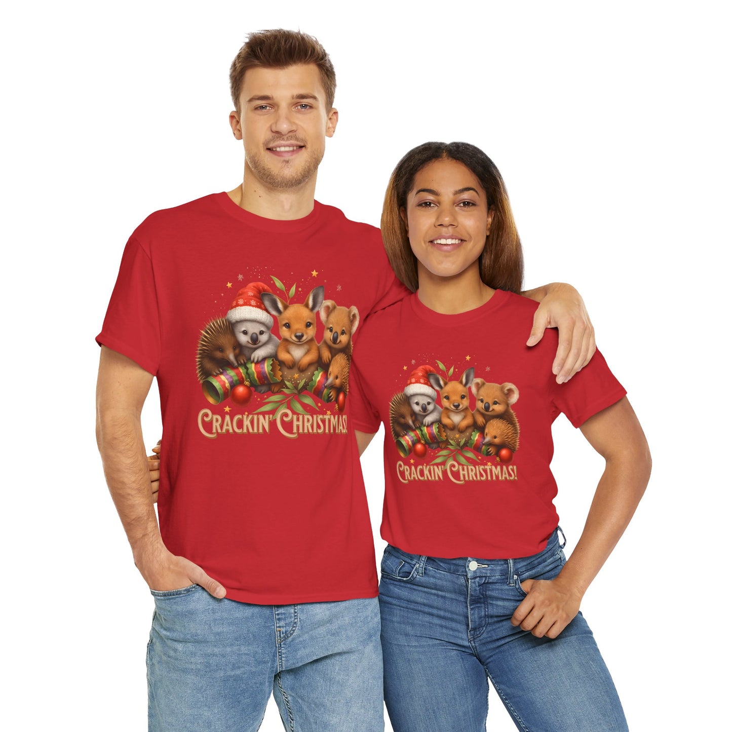 Crackin’ Christmas – Adult T-Shirt | Aussie Wildlife Koala, Kangaroo and Echidna | Gumleaf Gang Festive Friends