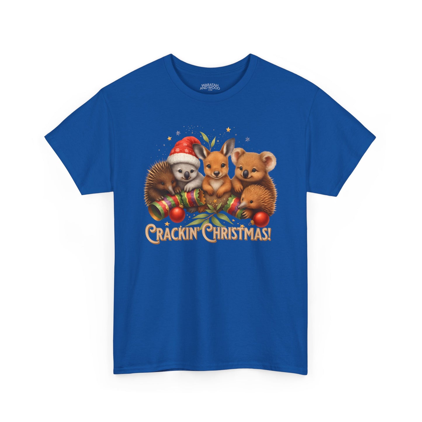 Crackin’ Christmas – Adult T-Shirt | Aussie Wildlife Koala, Kangaroo and Echidna | Gumleaf Gang Festive Friends