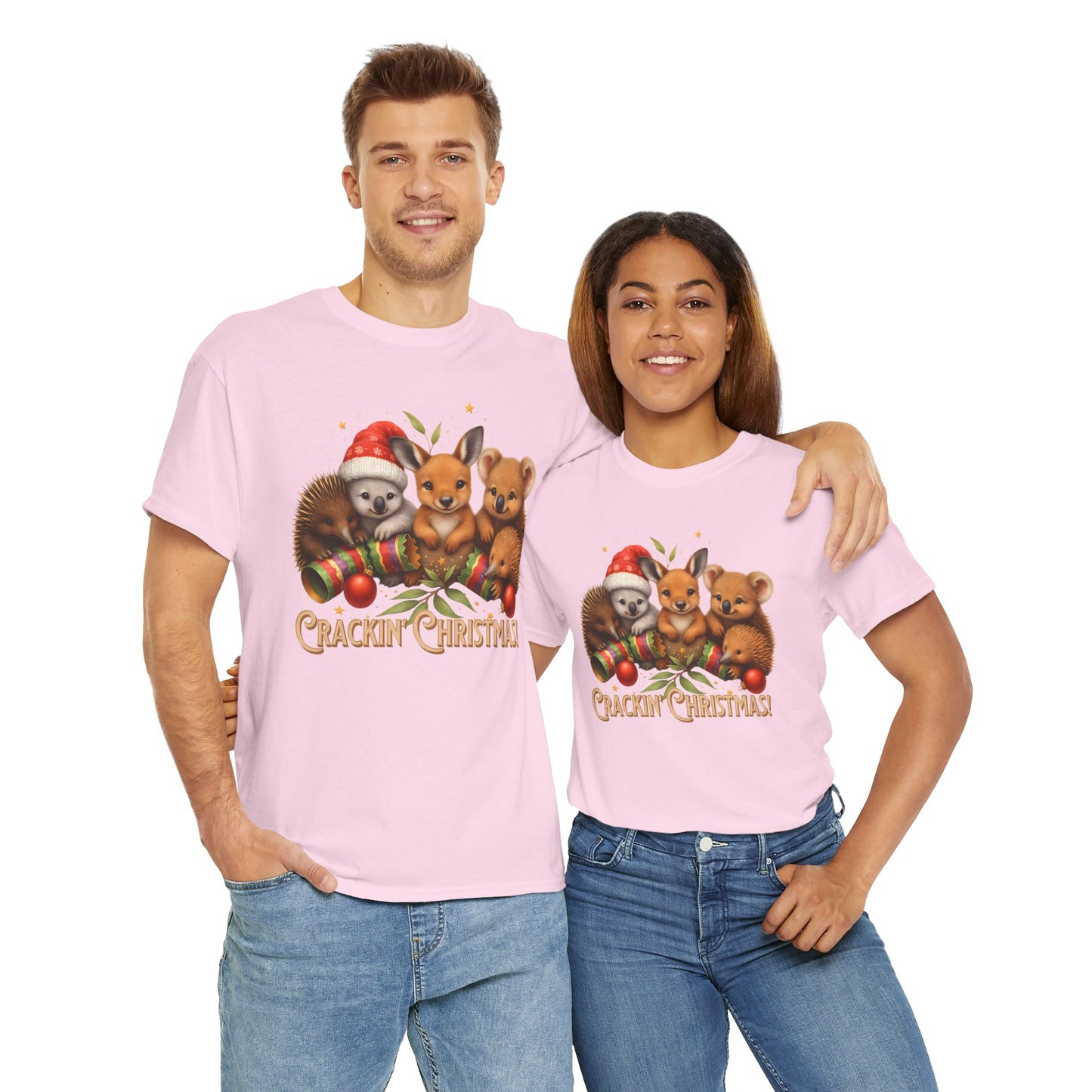 Crackin’ Christmas – Adult T-Shirt | Aussie Wildlife Koala, Kangaroo and Echidna | Gumleaf Gang Festive Friends