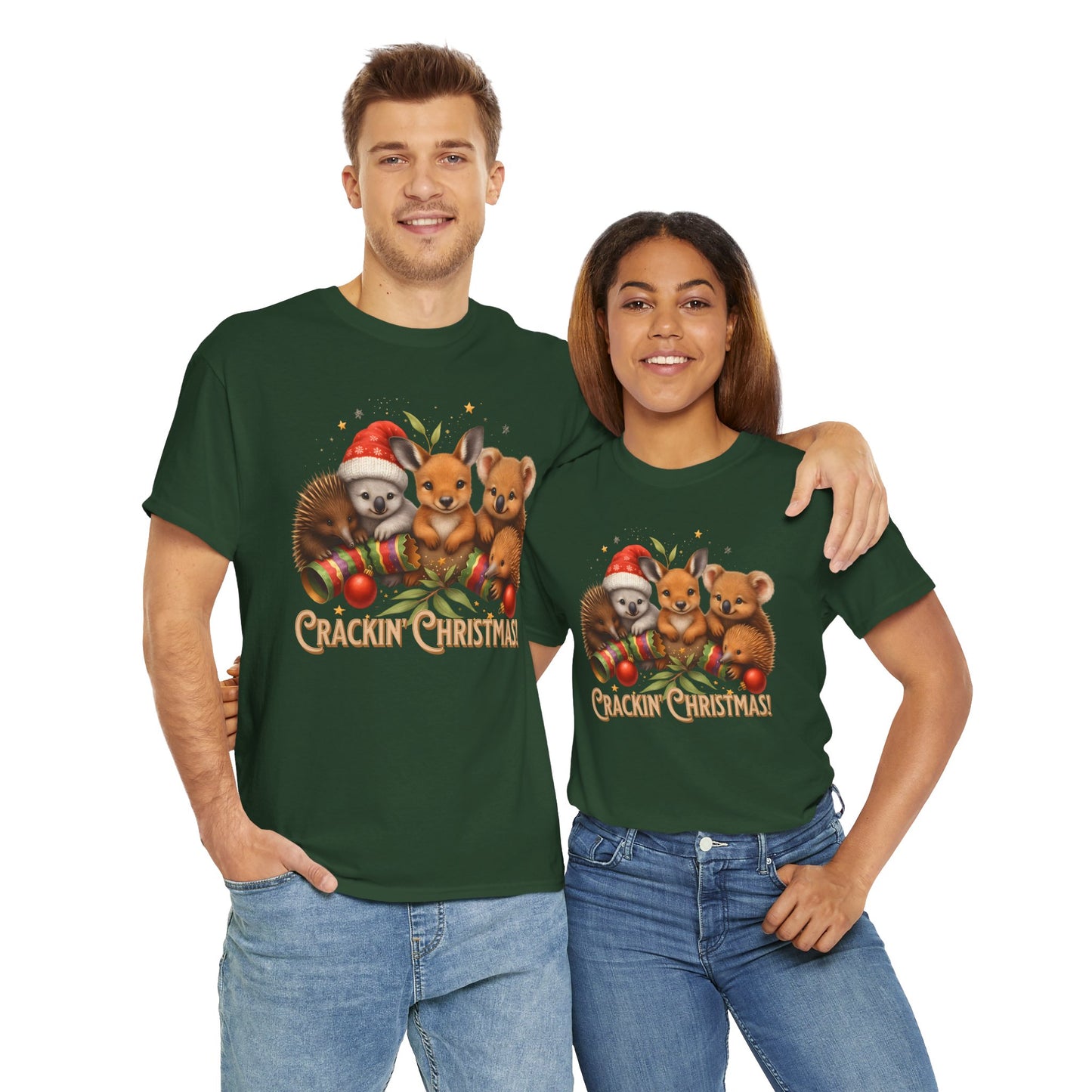 Crackin’ Christmas – Adult T-Shirt | Aussie Wildlife Koala, Kangaroo and Echidna | Gumleaf Gang Festive Friends