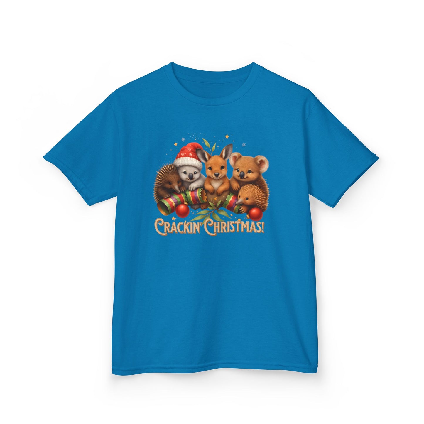 Crackin’ Christmas – Kids T-Shirt | Aussie Wildlife Koala, Kangaroo and Echidna | Gumleaf Gang Festive Friends