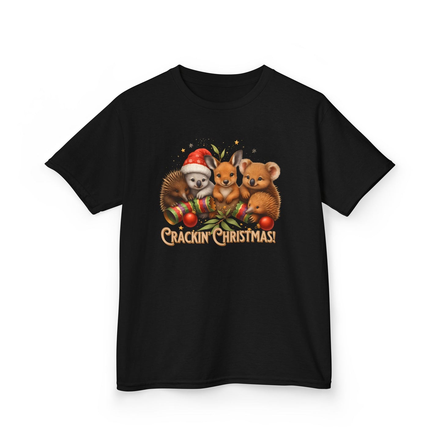 Crackin’ Christmas – Kids T-Shirt | Aussie Wildlife Koala, Kangaroo and Echidna | Gumleaf Gang Festive Friends