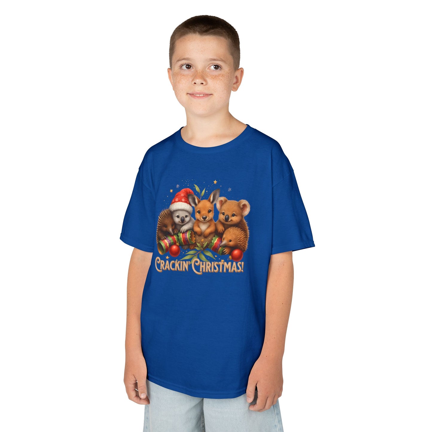 Crackin’ Christmas – Kids T-Shirt | Aussie Wildlife Koala, Kangaroo and Echidna | Gumleaf Gang Festive Friends