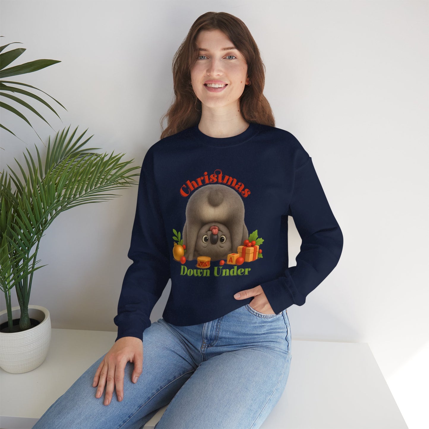 Christmas Down Under – Adult Sweatshirt | Upside Down Koala Christmas Design | Gumleaf Gang Festive Friends