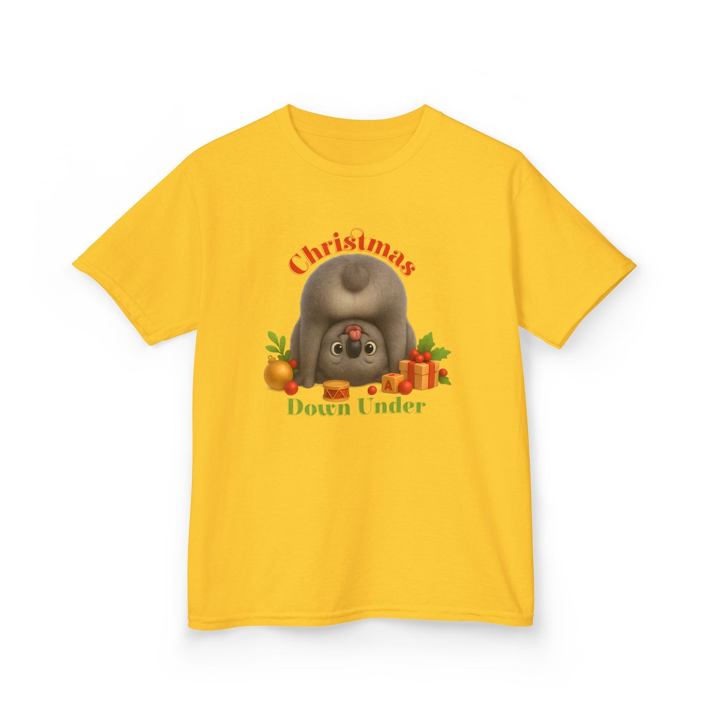 Christmas Down Under – Kids T-Shirt | Upside Down Koala Christmas Design | Gumleaf Gang Festive Friends
