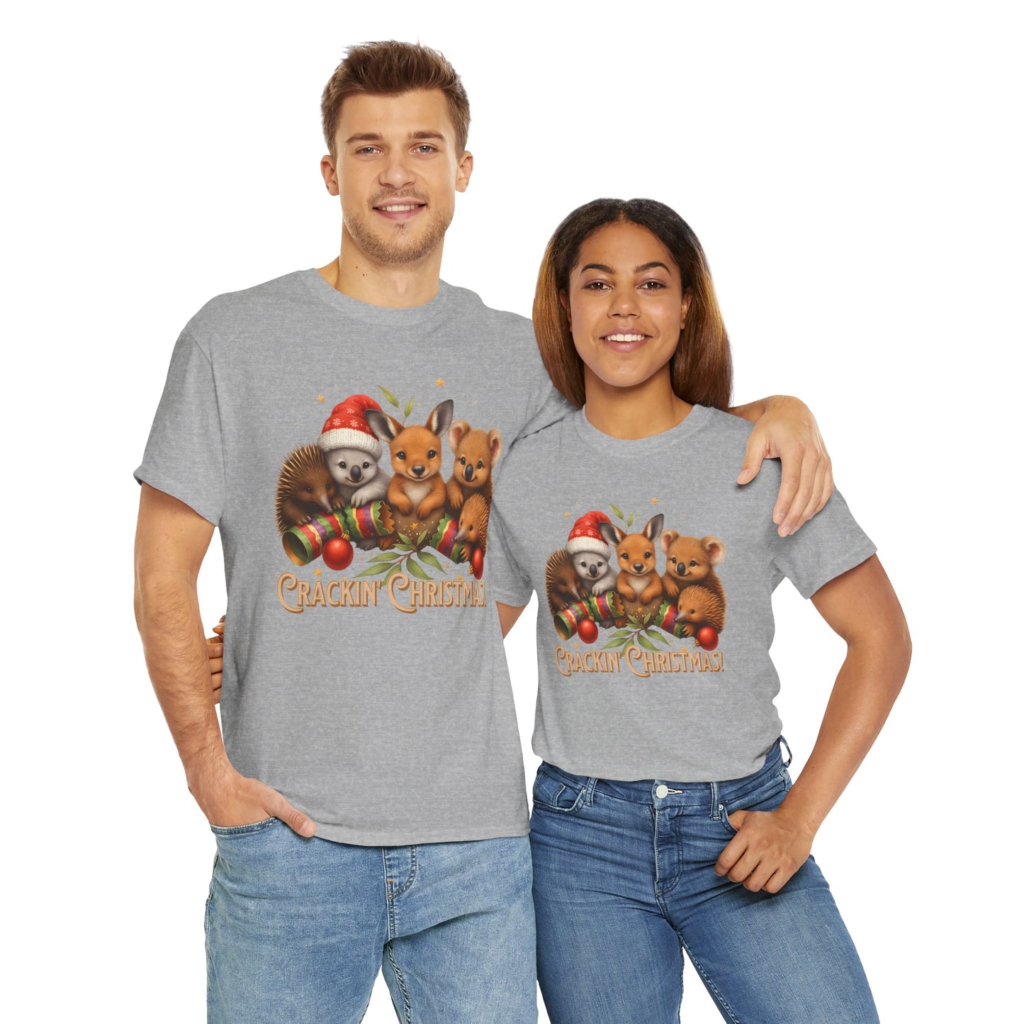 Crackin’ Christmas – Adult T-Shirt | Aussie Wildlife Koala, Kangaroo and Echidna | Gumleaf Gang Festive Friends