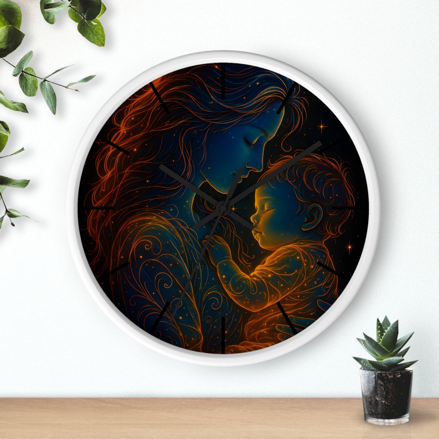 Celestial Mother and Child – Luminous Wall Clock | Cosmic Love Art | Waratah and Wood Glowing Family Decor