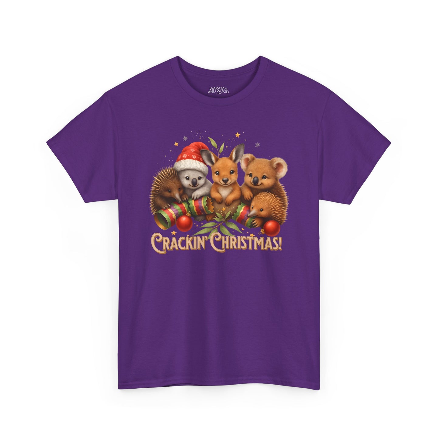 Crackin’ Christmas – Adult T-Shirt | Aussie Wildlife Koala, Kangaroo and Echidna | Gumleaf Gang Festive Friends