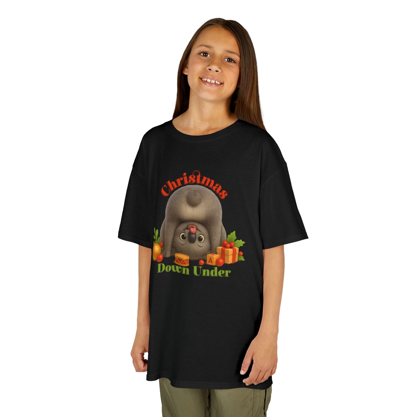 Christmas Down Under – Kids T-Shirt | Upside Down Koala Christmas Design | Gumleaf Gang Festive Friends