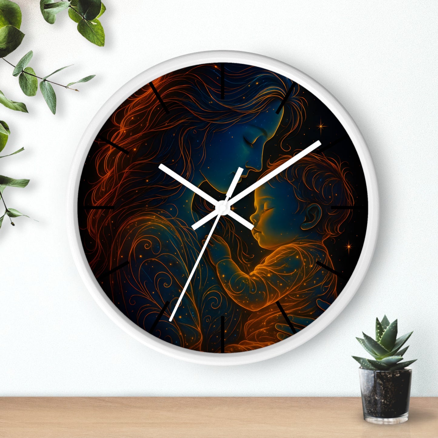 Celestial Mother and Child – Luminous Wall Clock | Cosmic Love Art | Waratah and Wood Glowing Family Decor