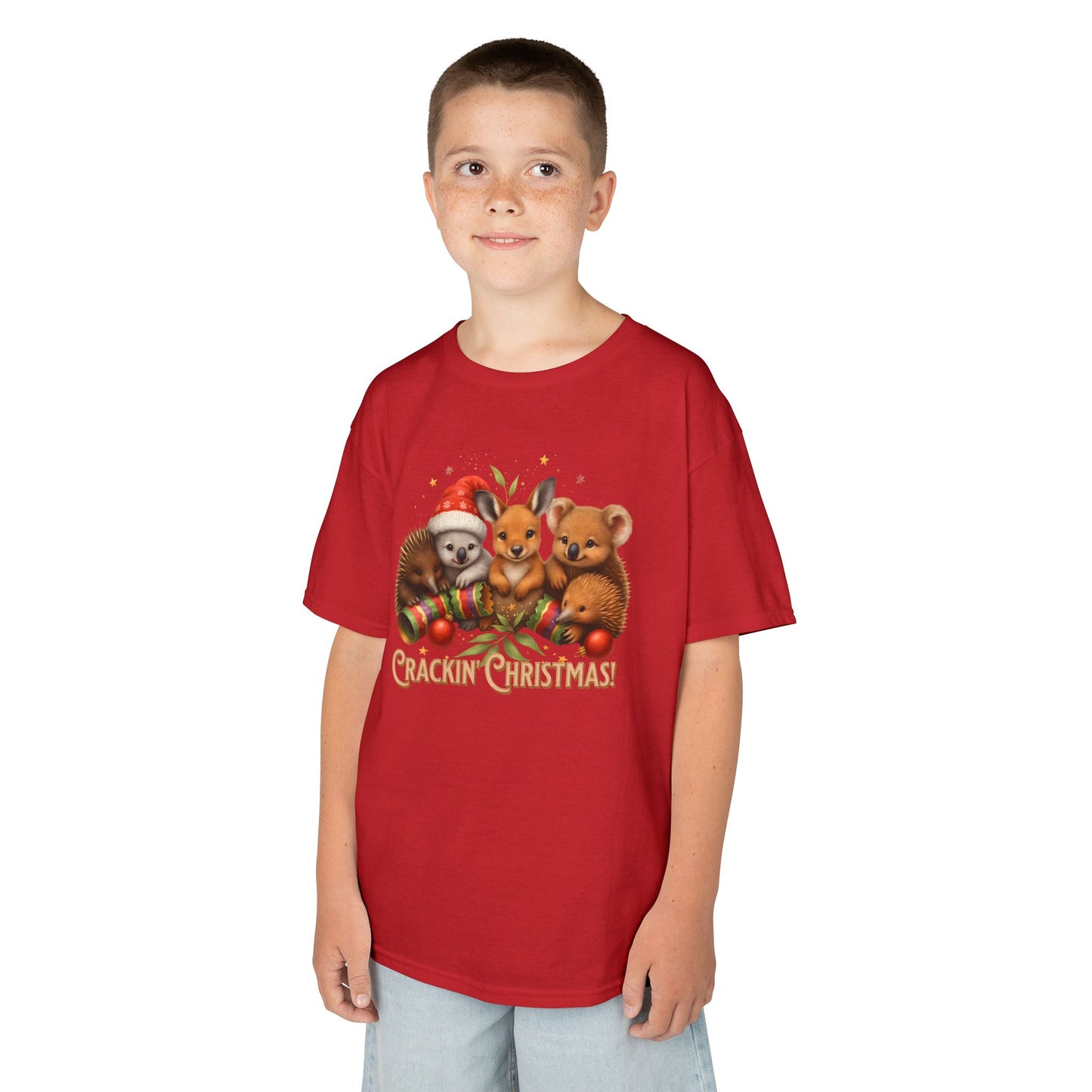 Crackin’ Christmas – Kids T-Shirt | Aussie Wildlife Koala, Kangaroo and Echidna | Gumleaf Gang Festive Friends