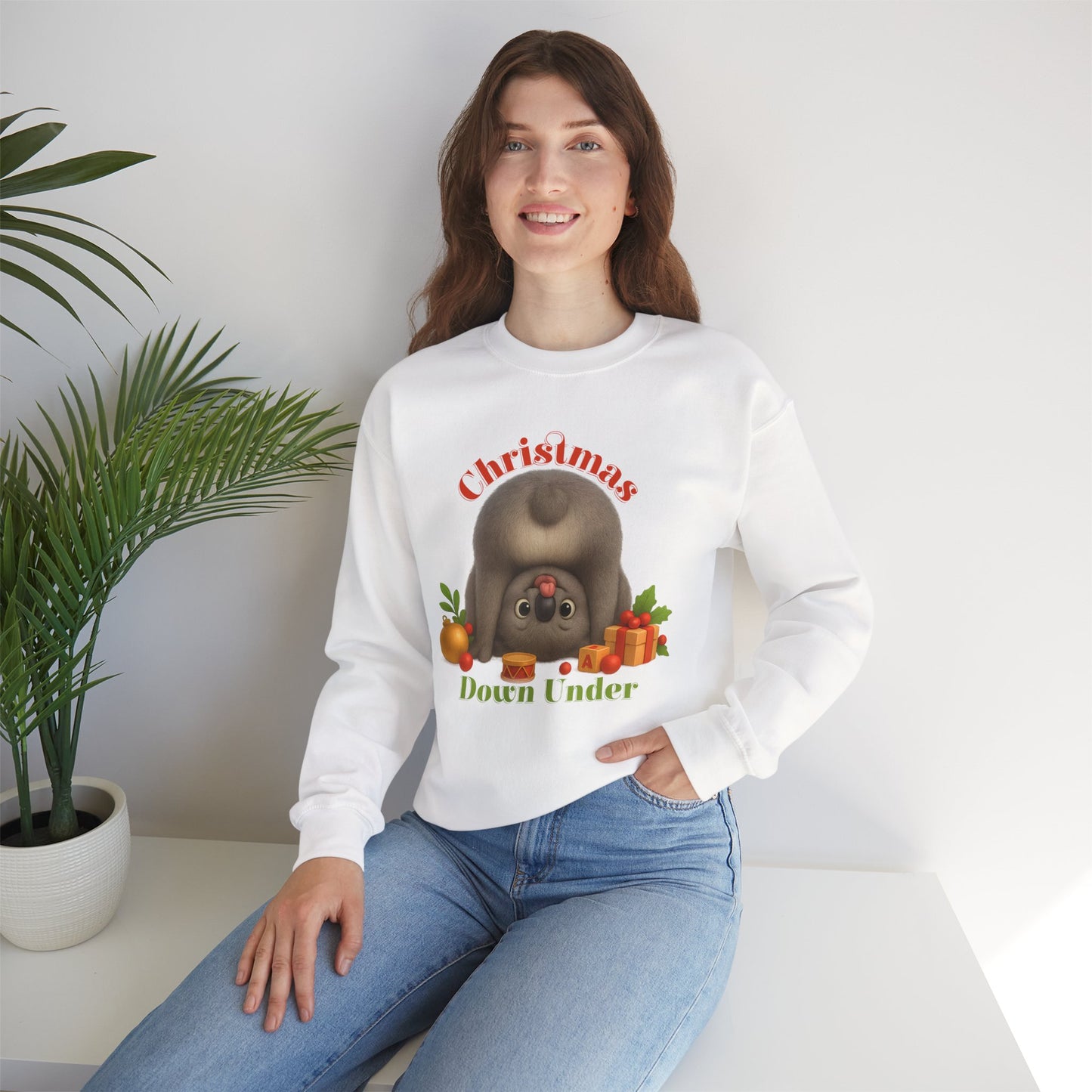 Christmas Down Under – Adult Sweatshirt | Upside Down Koala Christmas Design | Gumleaf Gang Festive Friends
