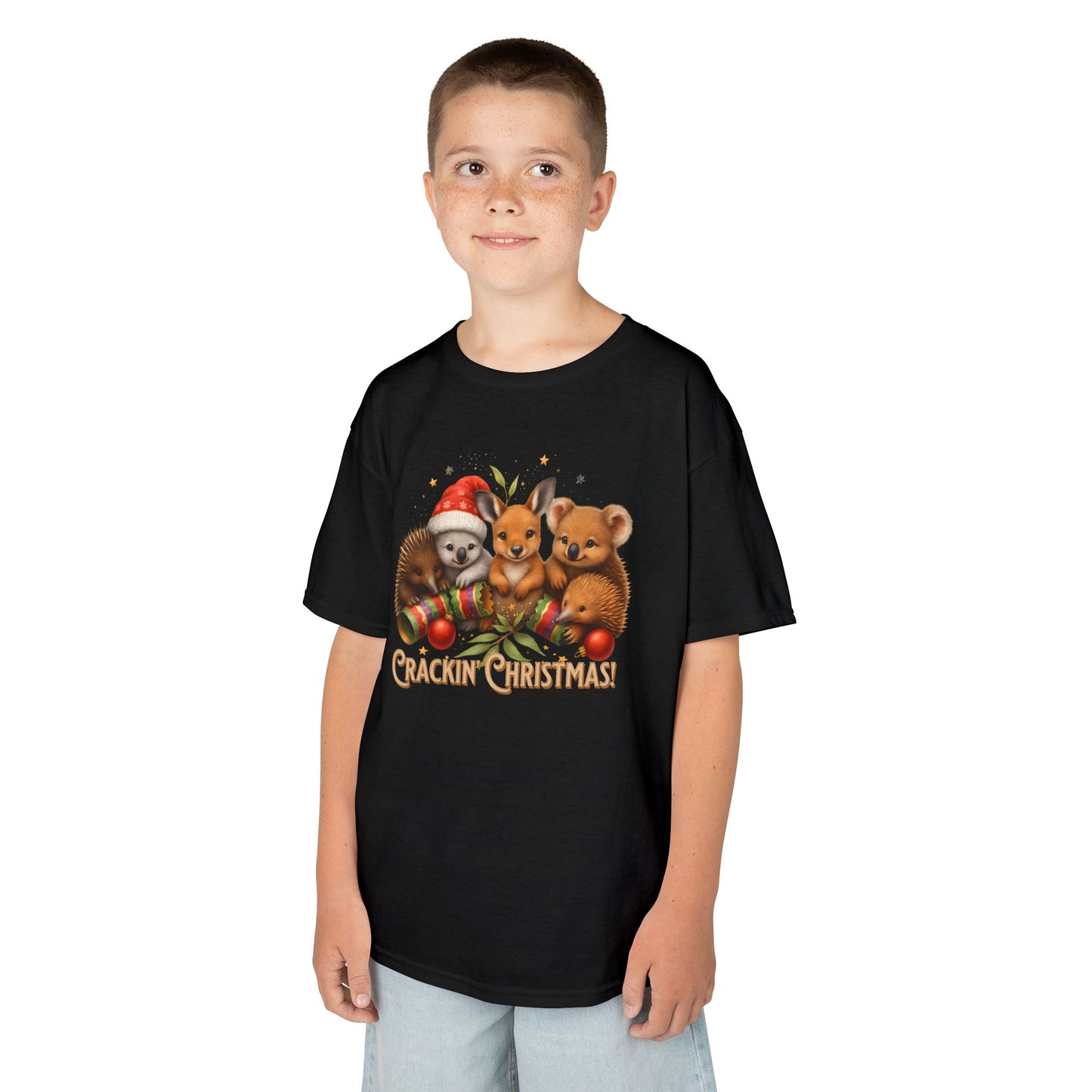 Crackin’ Christmas – Kids T-Shirt | Aussie Wildlife Koala, Kangaroo and Echidna | Gumleaf Gang Festive Friends