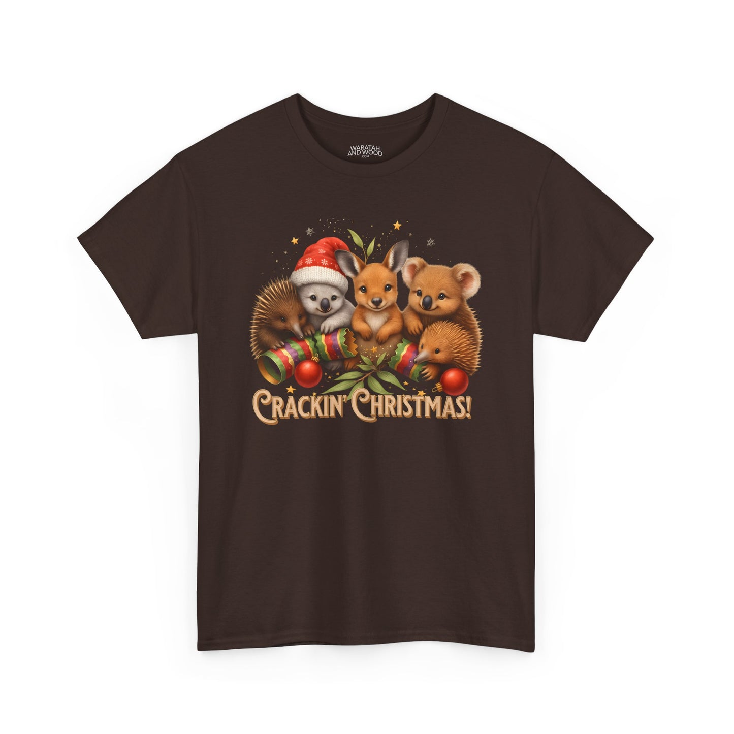 Crackin’ Christmas – Adult T-Shirt | Aussie Wildlife Koala, Kangaroo and Echidna | Gumleaf Gang Festive Friends