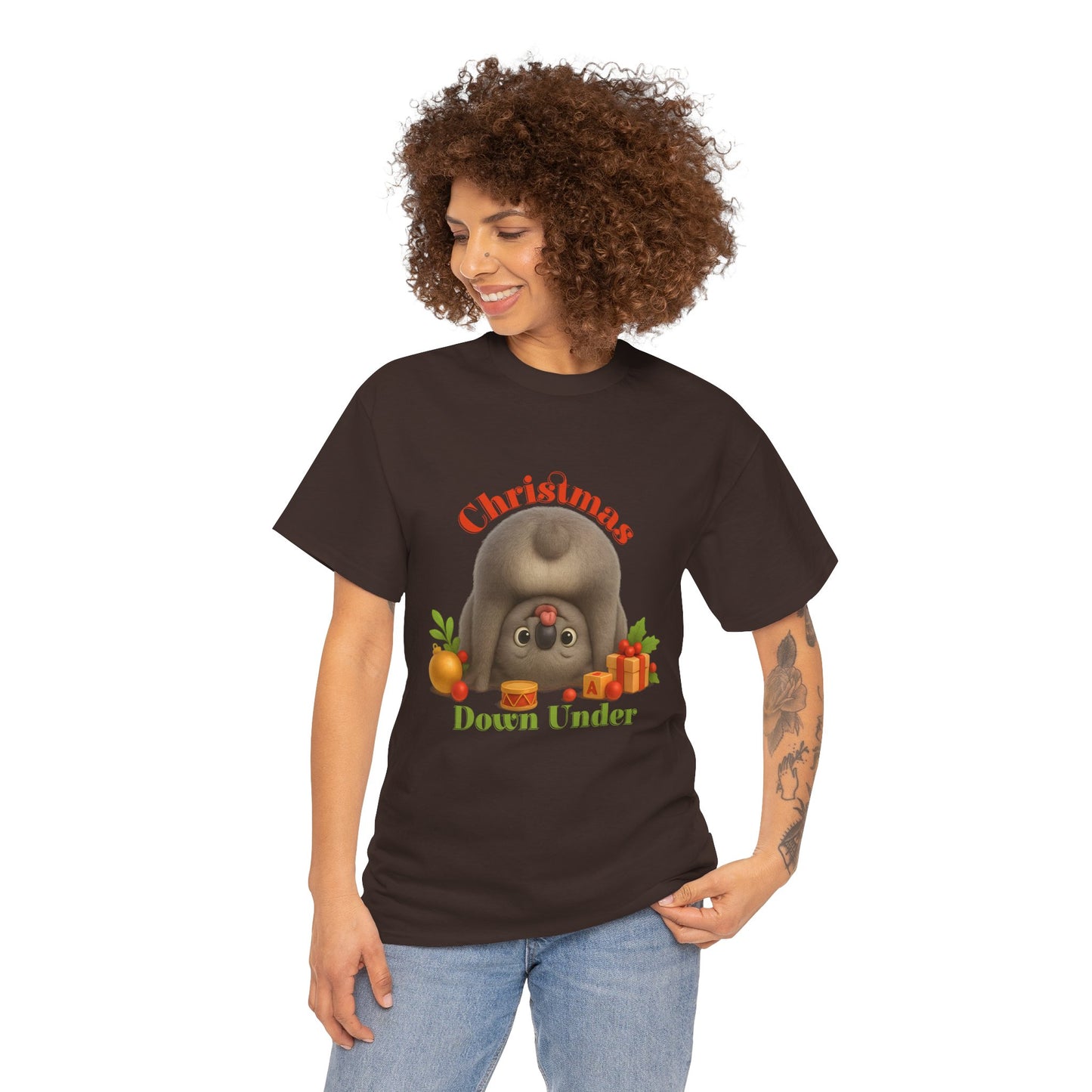 Christmas Down Under – Adult T-Shirt | Upside Down Koala Christmas Design | Gumleaf Gang Festive Friends
