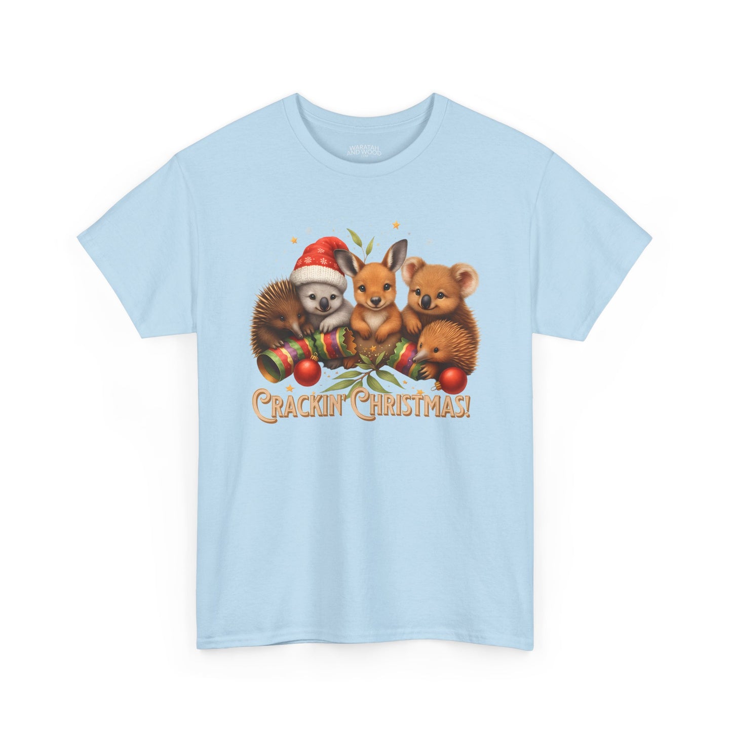 Crackin’ Christmas – Adult T-Shirt | Aussie Wildlife Koala, Kangaroo and Echidna | Gumleaf Gang Festive Friends