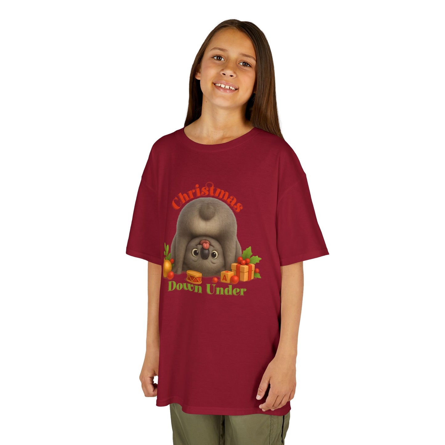 Christmas Down Under – Kids T-Shirt | Upside Down Koala Christmas Design | Gumleaf Gang Festive Friends