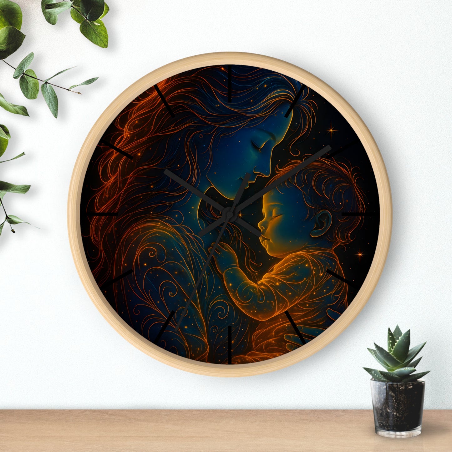 Celestial Mother and Child – Luminous Wall Clock | Cosmic Love Art | Waratah and Wood Glowing Family Decor